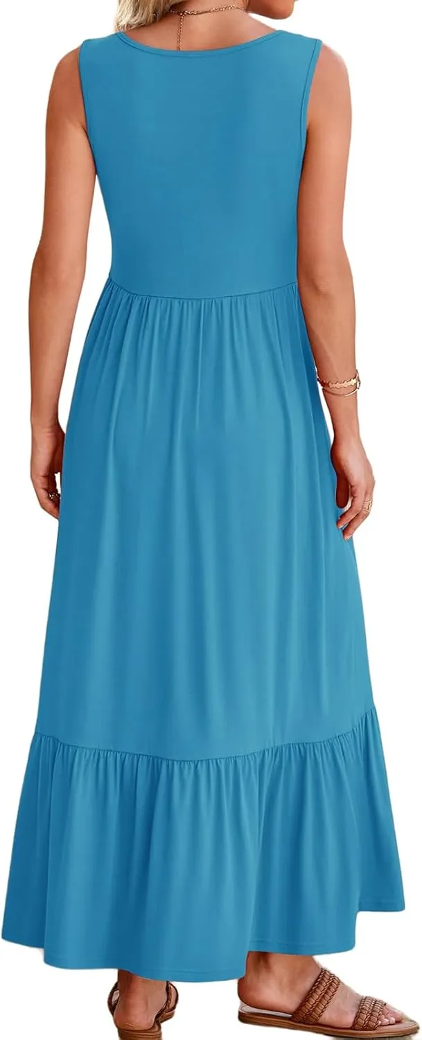 Canbebig Maxi Dresses for Women 2025 Square Neck Pleated Swing Casual Dress Sleeveless A Line Flowy Beach Dress Long Sundress