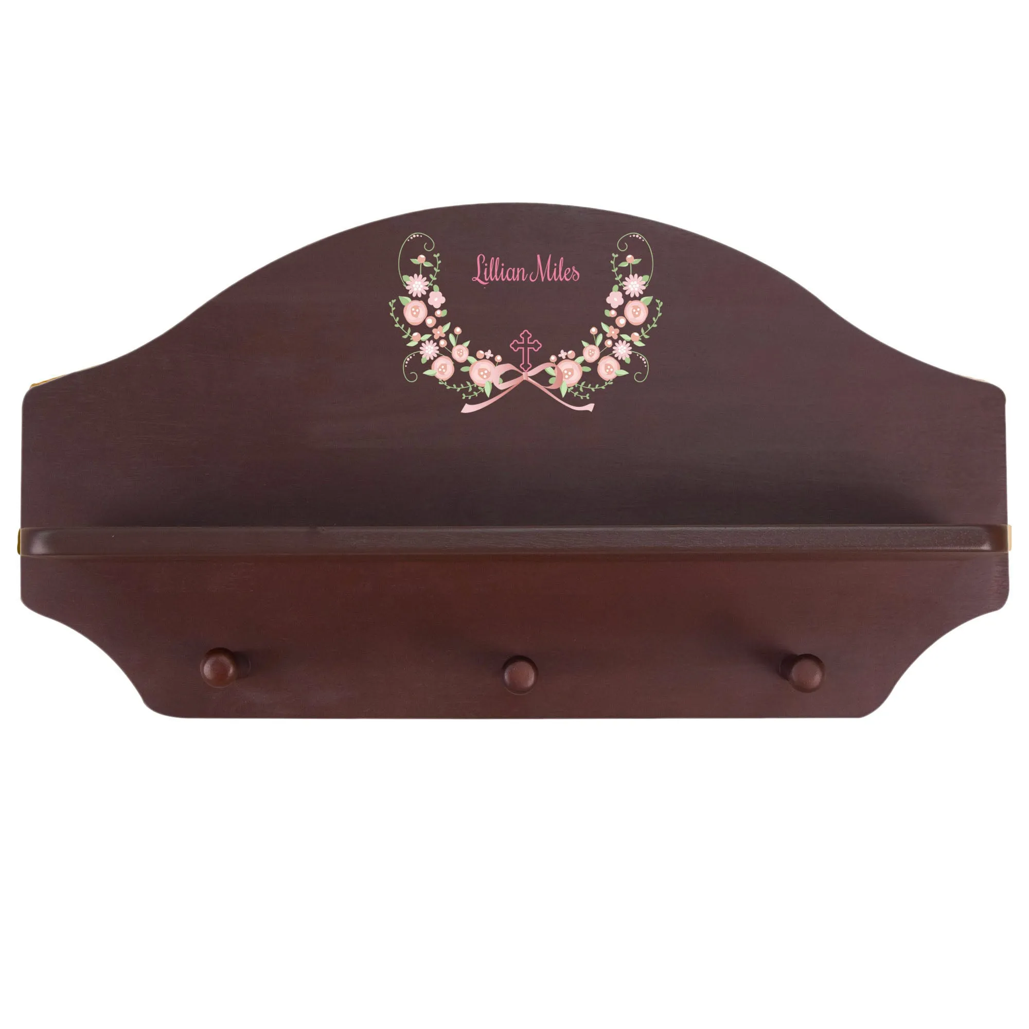 Espresso 3 Peg Wall Shelf - Blush Floral Cross