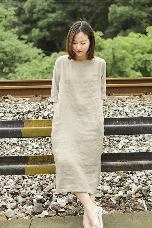 Navy Linen Women Dresses Half Sleeves O Neck Summer Shift Dresses XH9605