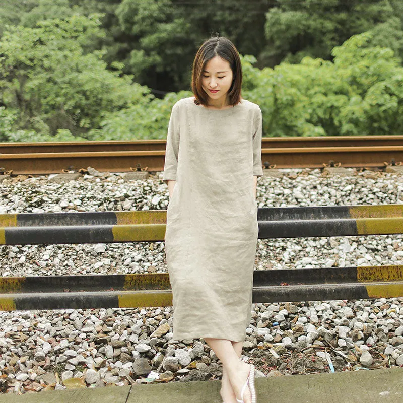 Navy Linen Women Dresses Half Sleeves O Neck Summer Shift Dresses XH9605