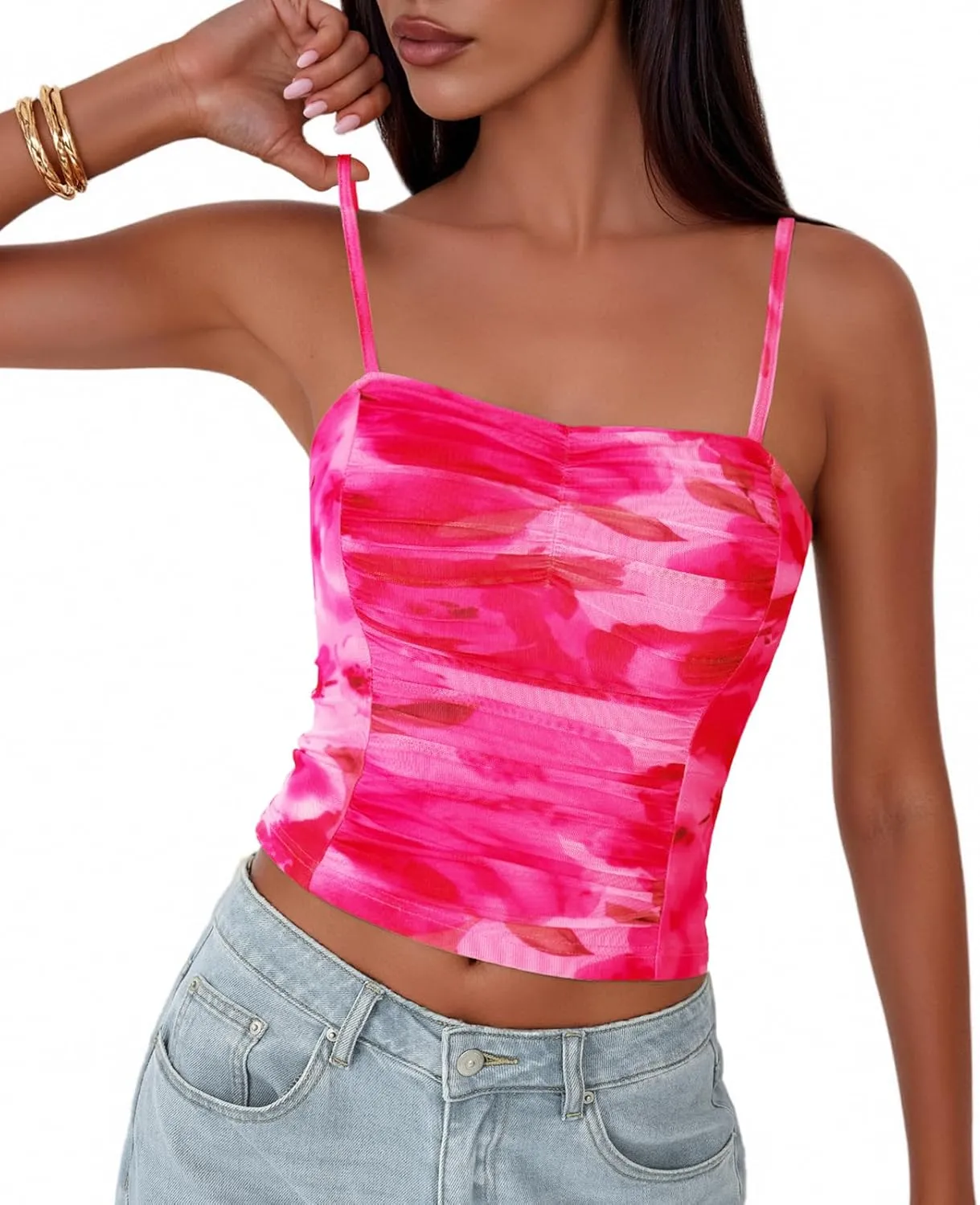 PRETTYGARDEN Womens Floral Spaghetti Strap Tank Tops Square Neck Sleeveless Ruched Mesh Bodycon Sexy Top Y2K Outfits