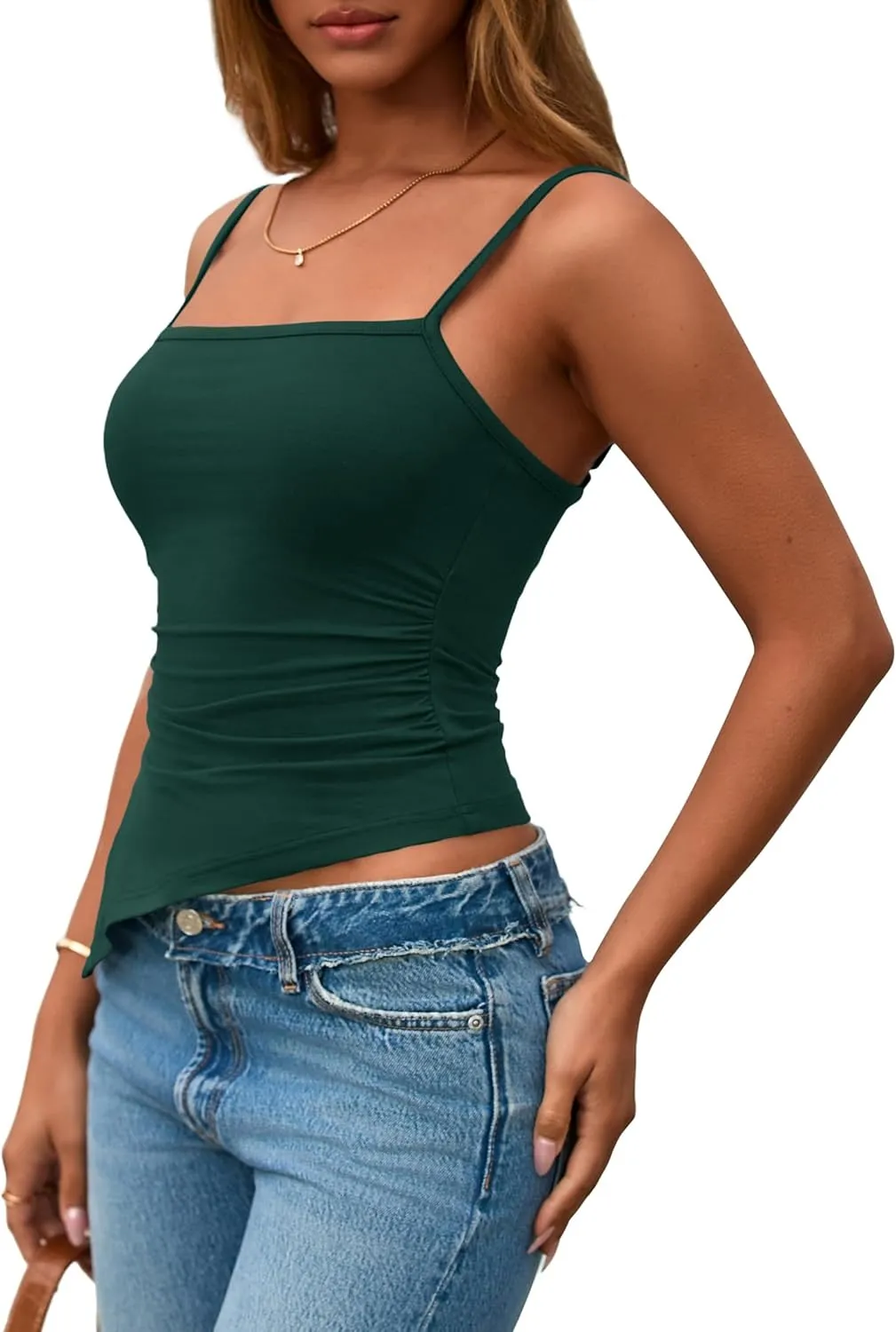 PRETTYGARDEN Women's Summer Spaghetti Strap Tank Tops Sleeveless Camisole Blouses Asymmetrical Going Out Basic Tank Shirt