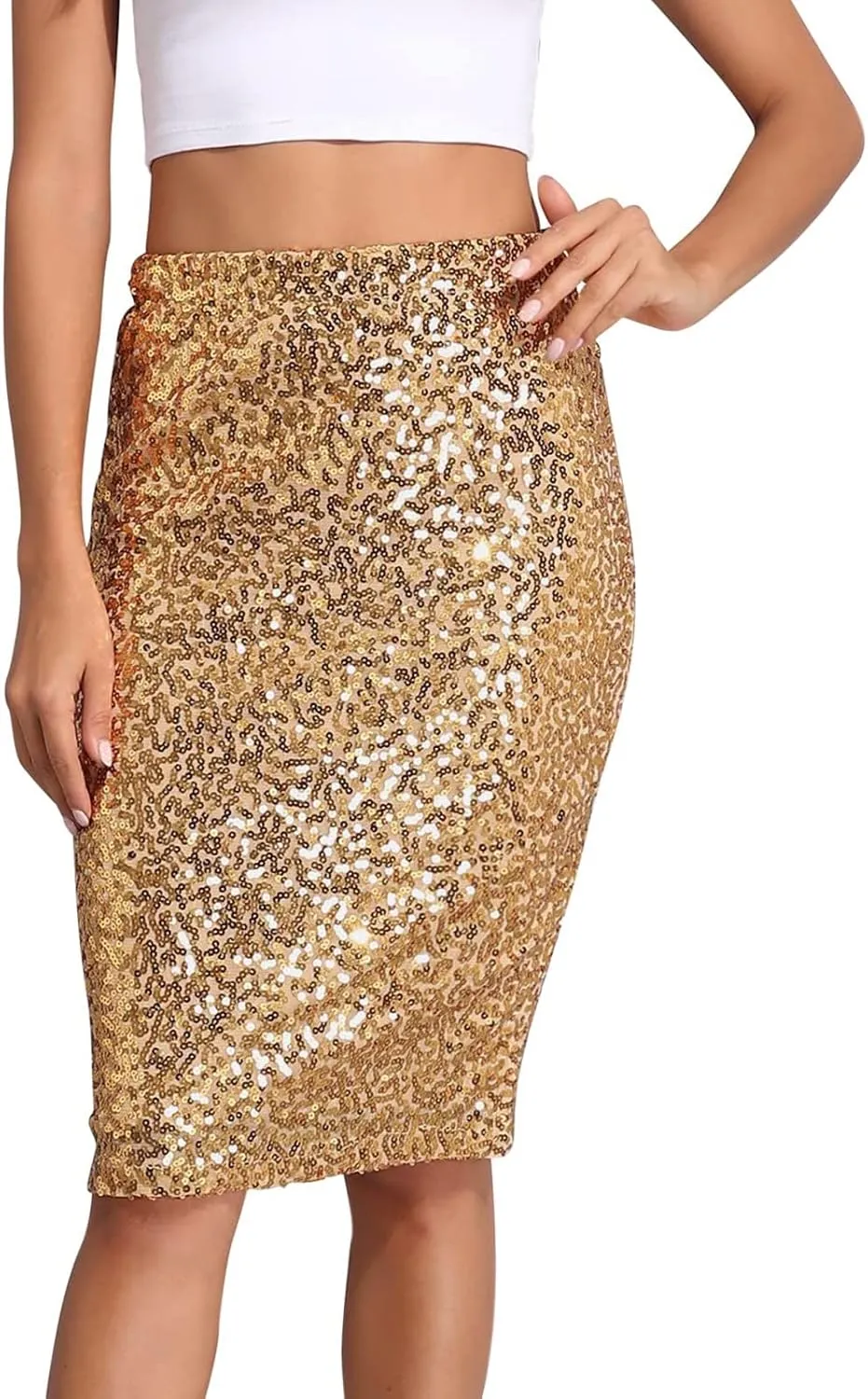 Summer Skirts for Women Trendy Sequin High Elastic Waist Slim Fit Midi Length Pencil A-Line Skirts Fashion Clubwear