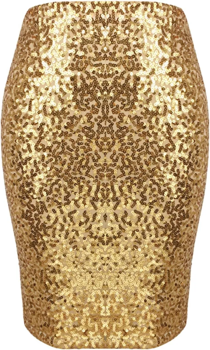 Summer Skirts for Women Trendy Sequin High Elastic Waist Slim Fit Midi Length Pencil A-Line Skirts Fashion Clubwear