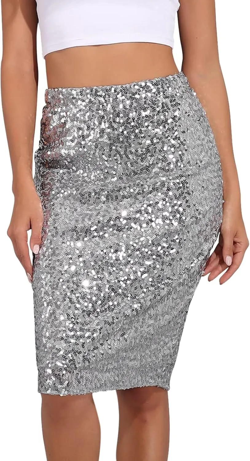 Summer Skirts for Women Trendy Sequin High Elastic Waist Slim Fit Midi Length Pencil A-Line Skirts Fashion Clubwear