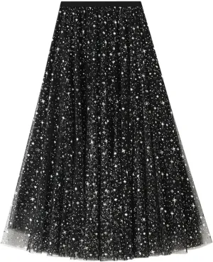 tuduoms Women's Long Tulle Tutu Skirt High Waist Pleated Layered Midi Skirt Sequin Flowy Maxi Skirt Dress for Wedding Party