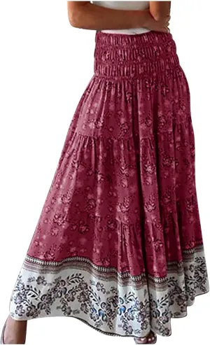 Women Boho Skirts Flowy Maxi Skirt A Line Midi Skirts Vintage Floral Skirts Casual Summer Skirt Comfy Beach Skirt