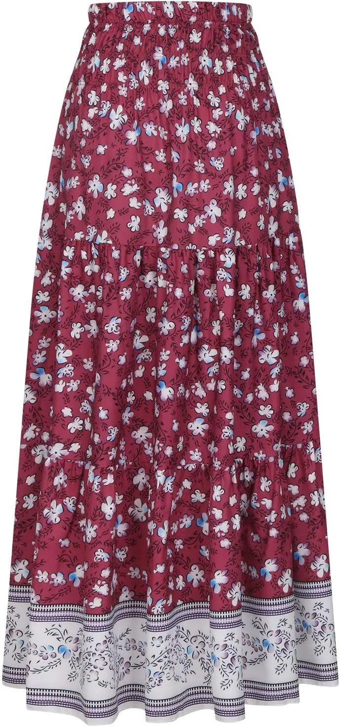 Women Boho Skirts Flowy Maxi Skirt A Line Midi Skirts Vintage Floral Skirts Casual Summer Skirt Comfy Beach Skirt