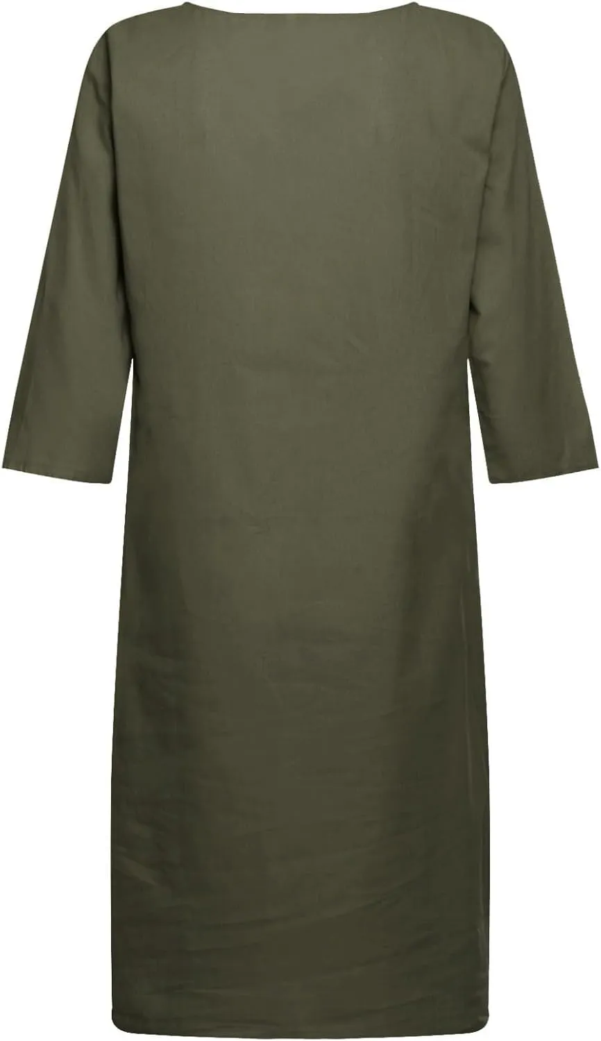 Women Casual Summer Cotton Linen Dresses Vintage 3/4 Sleeve Shirt Derss Beach Sundress Skirt for Women Spring 2025