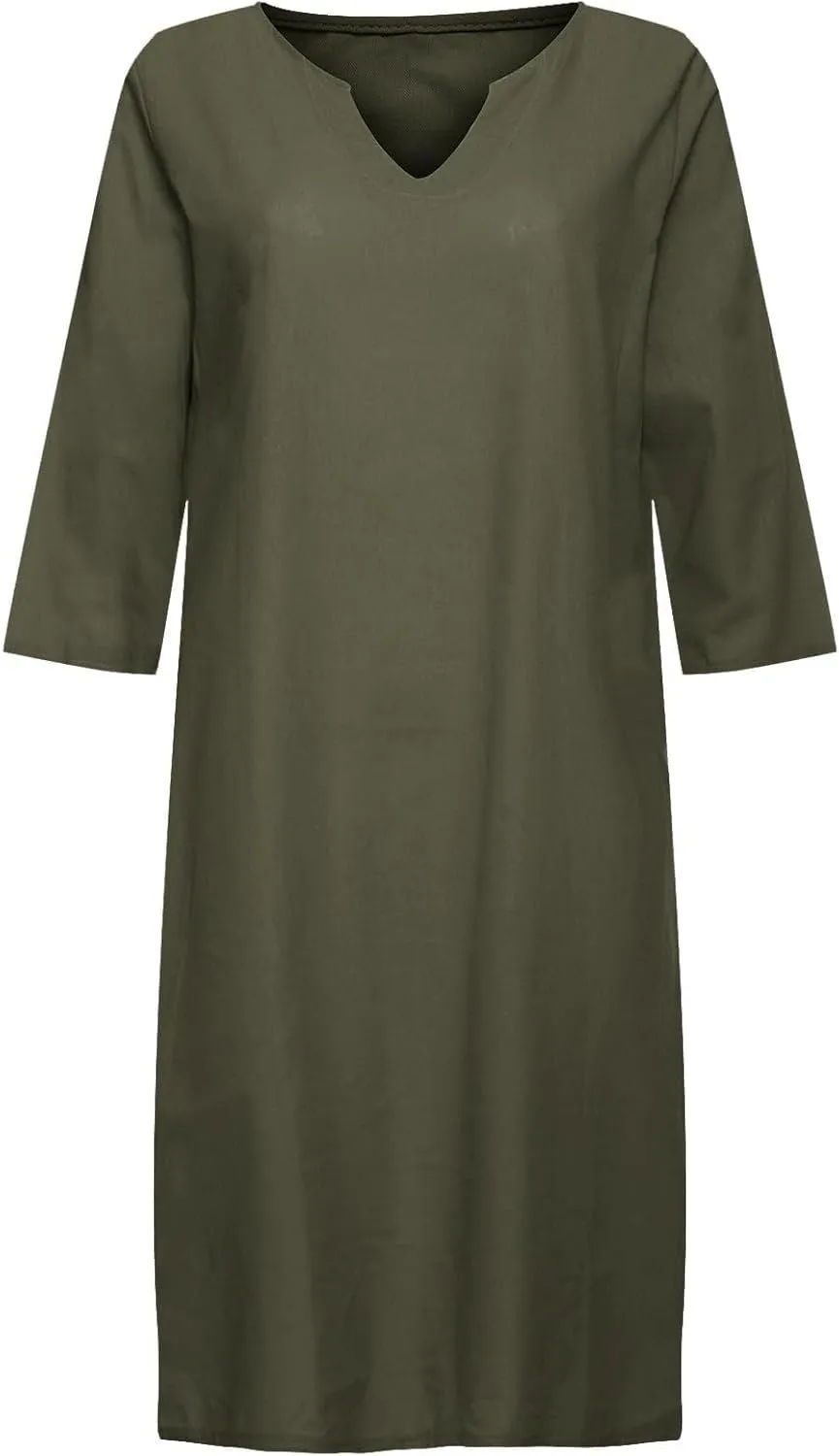 Women Casual Summer Cotton Linen Dresses Vintage 3/4 Sleeve Shirt Derss Beach Sundress Skirt for Women Spring 2025