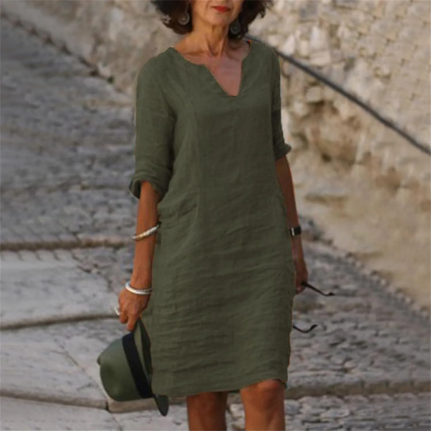 Women Casual Summer Cotton Linen Dresses Vintage 3/4 Sleeve Shirt Derss Beach Sundress Skirt for Women Spring 2025