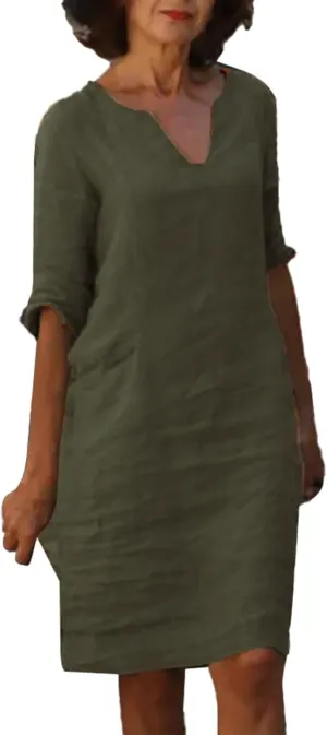Women Casual Summer Cotton Linen Dresses Vintage 3/4 Sleeve Shirt Derss Beach Sundress Skirt for Women Spring 2025