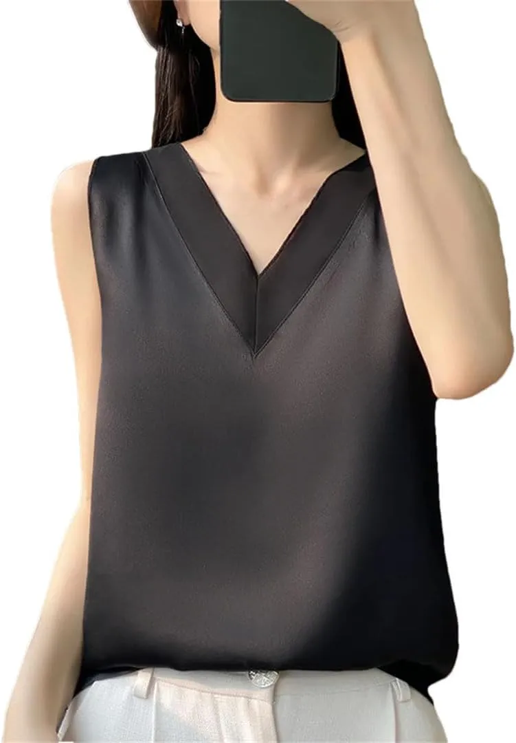 Women Fashion Solid Silk Camisole Summer Casual Loose V-Neck Sleeveless Tank Top All-Match Top Tees