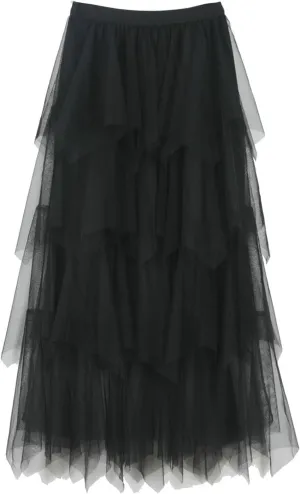 Women Tulle Skirts Layered Tutu Skirt Midi Length Elastic High Waist A Line Skirt Party Evening Mesh Skirt 2025
