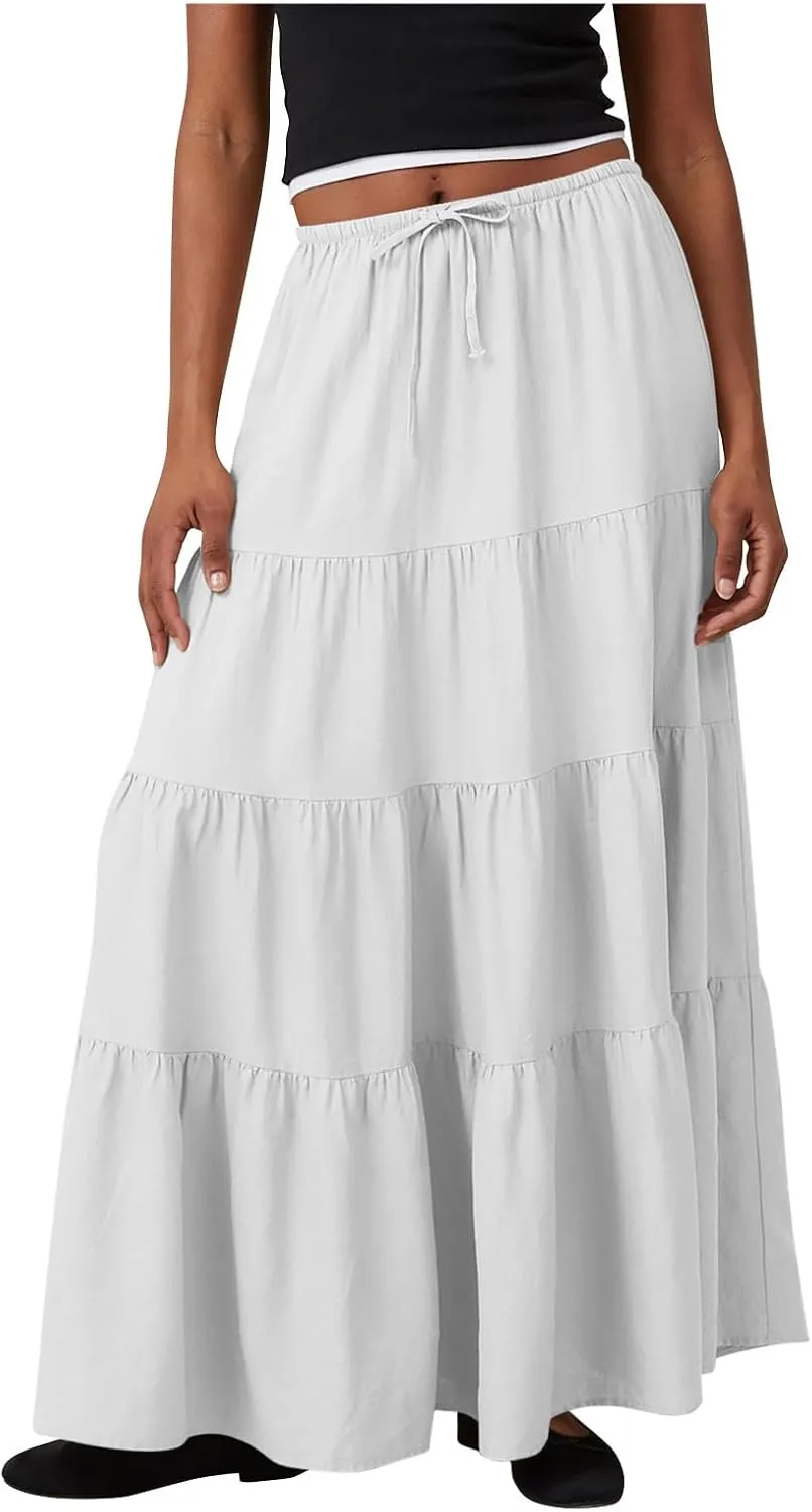 Womens Boho Maxi Skirt Solid Ruffle Swing Elastic High Waisted Pleated Flowy Skirts 2025 Trendy Summer Beach Skorts