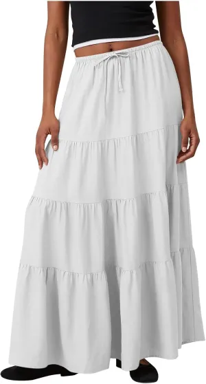 Womens Boho Maxi Skirt Solid Ruffle Swing Elastic High Waisted Pleated Flowy Skirts 2025 Trendy Summer Beach Skorts