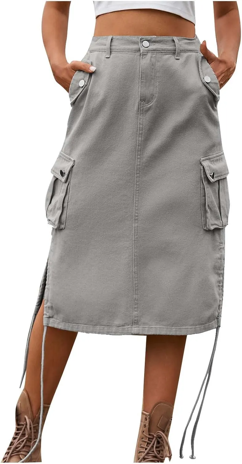 Womens Cargo Skirts with Pockets Summer Maxi Skirt Denim Midi Skirts Tie Split Jean Skirts Fashion Skirt Trendy Skirt