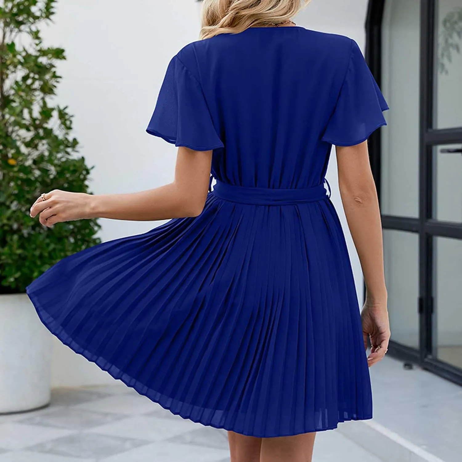 Women's Casual Dresses Ruffle Short Sleeve V-Neck Dress Swing Shift Mini Dress Summer A-Line Cocktail Dress with Belt