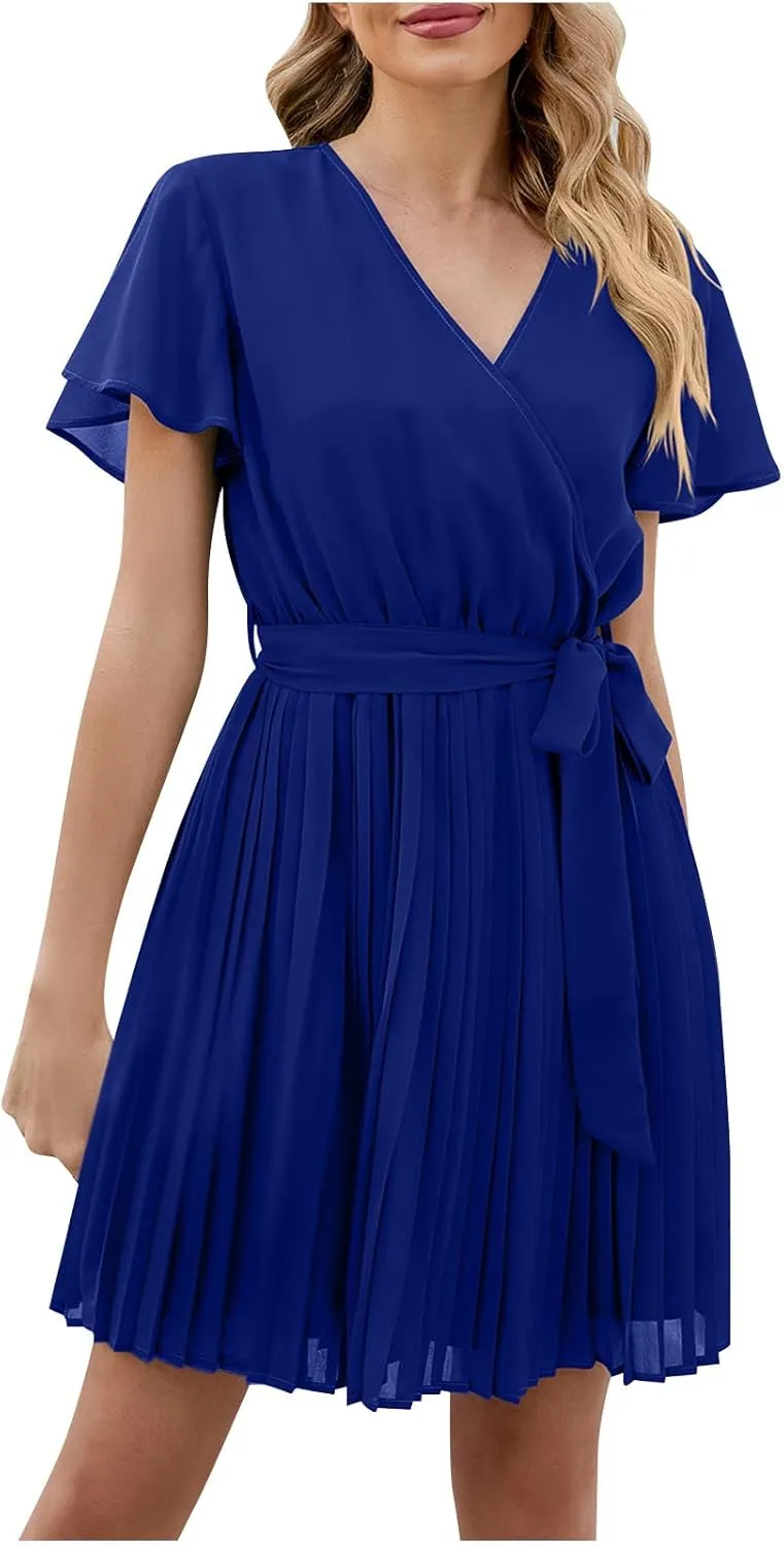 Women's Casual Dresses Ruffle Short Sleeve V-Neck Dress Swing Shift Mini Dress Summer A-Line Cocktail Dress with Belt