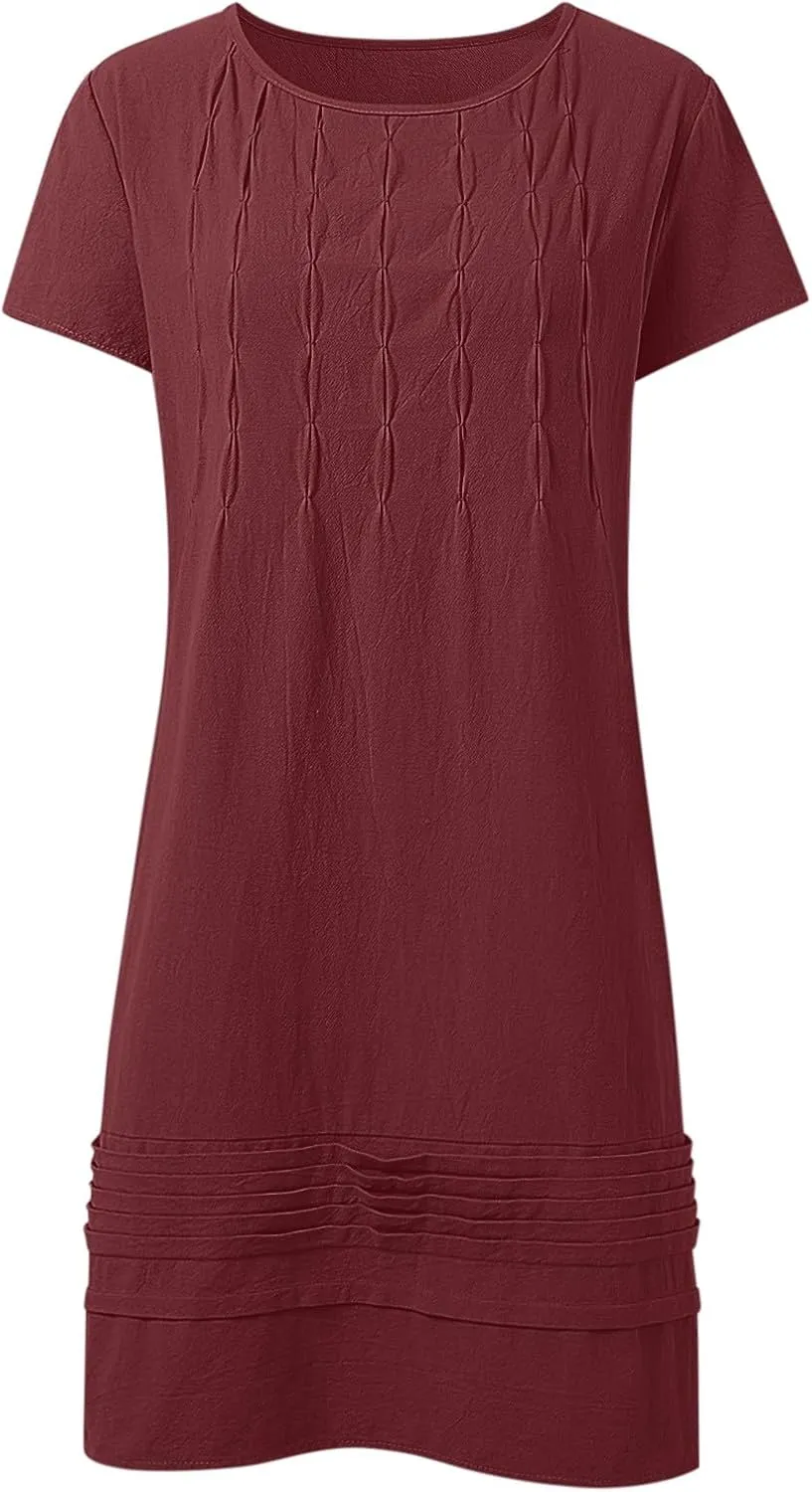 Women's Cotton Linen Midi Dress Vintage Cap Sleeve Pleated Summer Dresses Crew Neck Casual Sundress Vacation Outfits