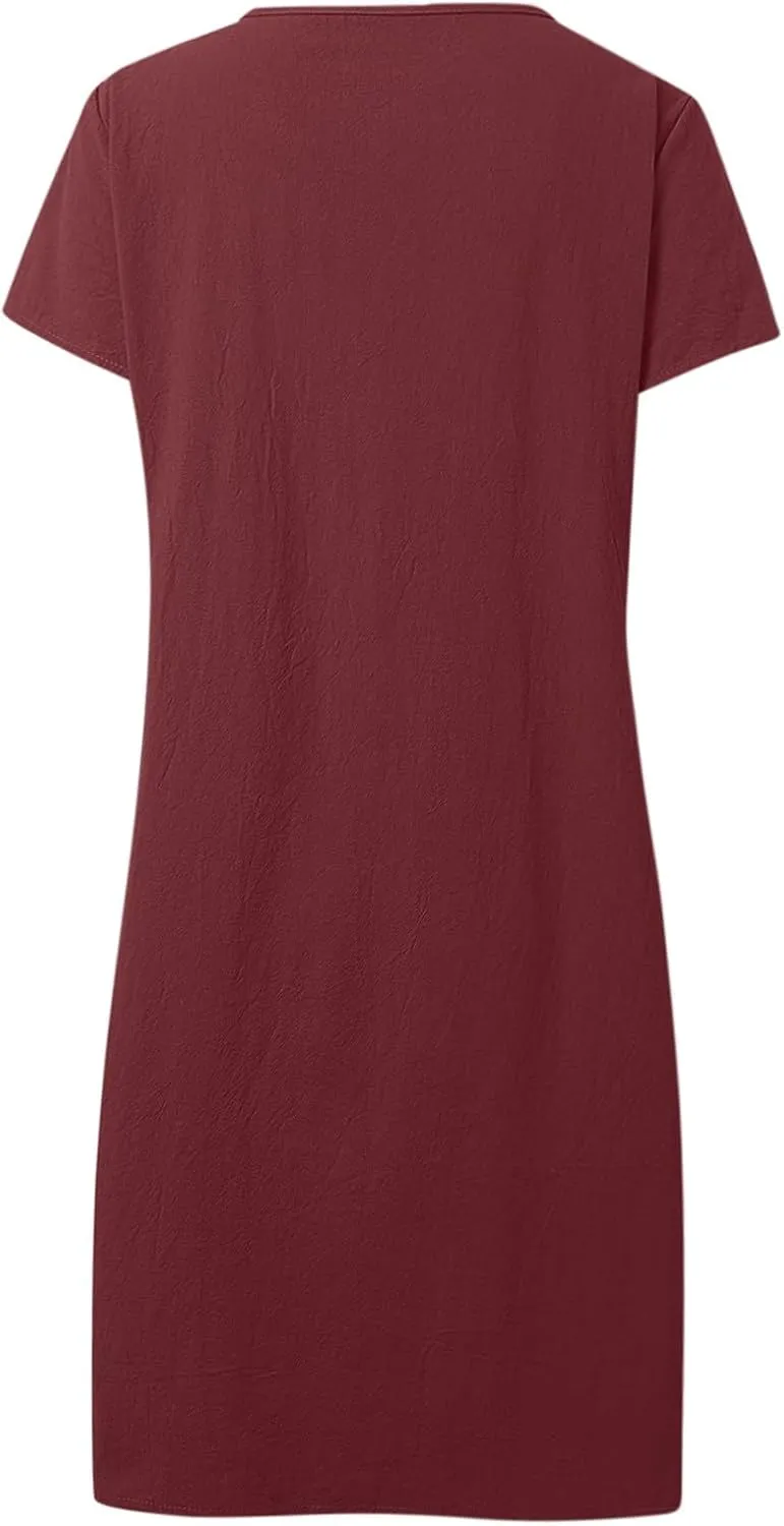 Women's Cotton Linen Midi Dress Vintage Cap Sleeve Pleated Summer Dresses Crew Neck Casual Sundress Vacation Outfits