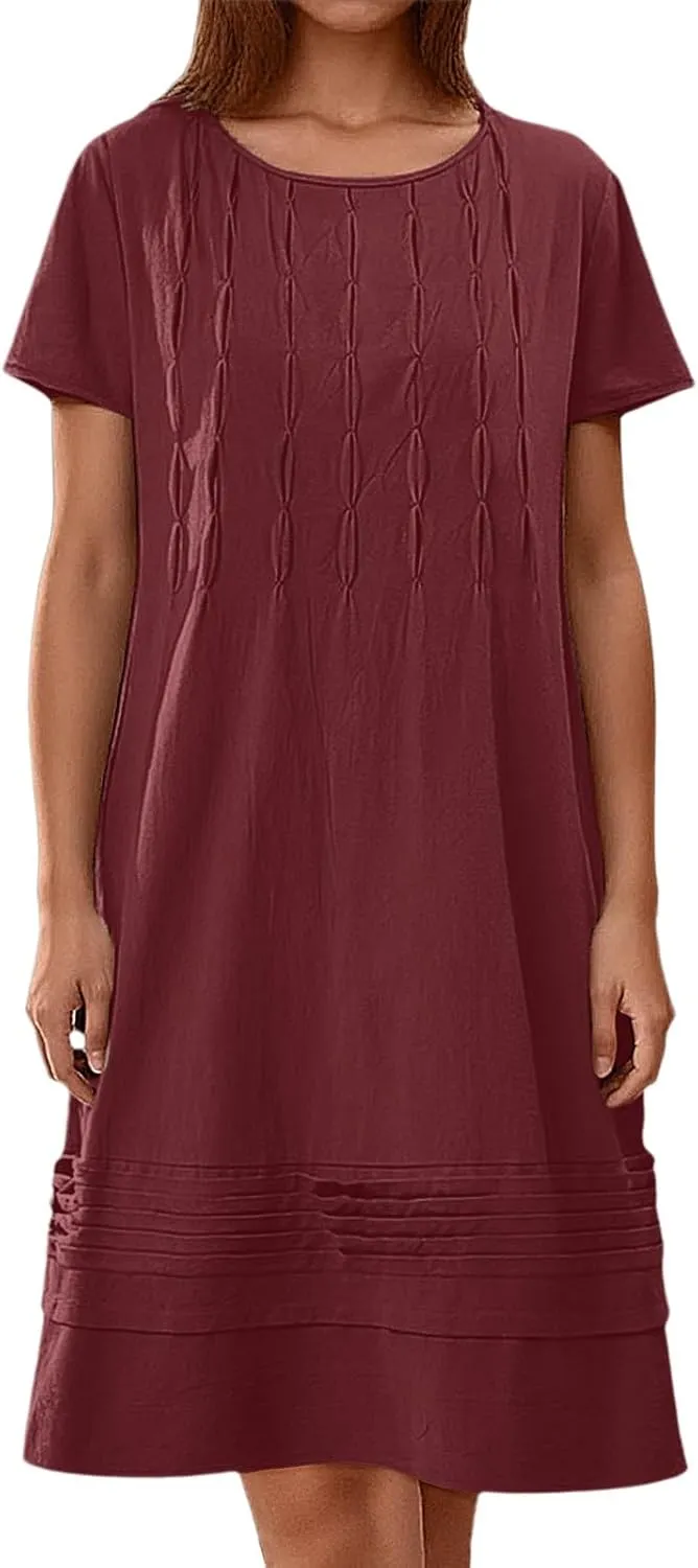Women's Cotton Linen Midi Dress Vintage Cap Sleeve Pleated Summer Dresses Crew Neck Casual Sundress Vacation Outfits