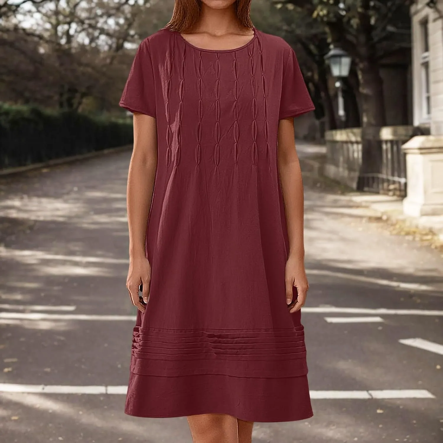 Women's Cotton Linen Midi Dress Vintage Cap Sleeve Pleated Summer Dresses Crew Neck Casual Sundress Vacation Outfits