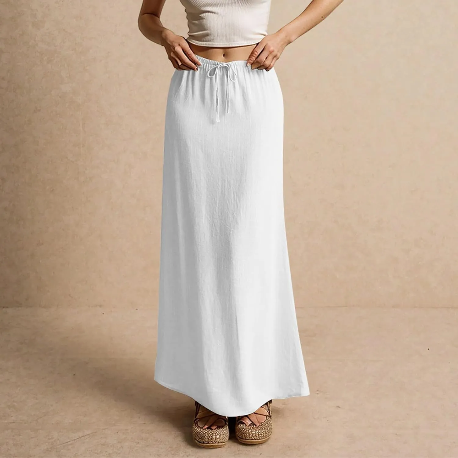 Womens Linen Maxi Skirt Drawstring Low Rise Long Skirts Solid Lightweight Summer Casual Cover Up Beach A Line Skirts