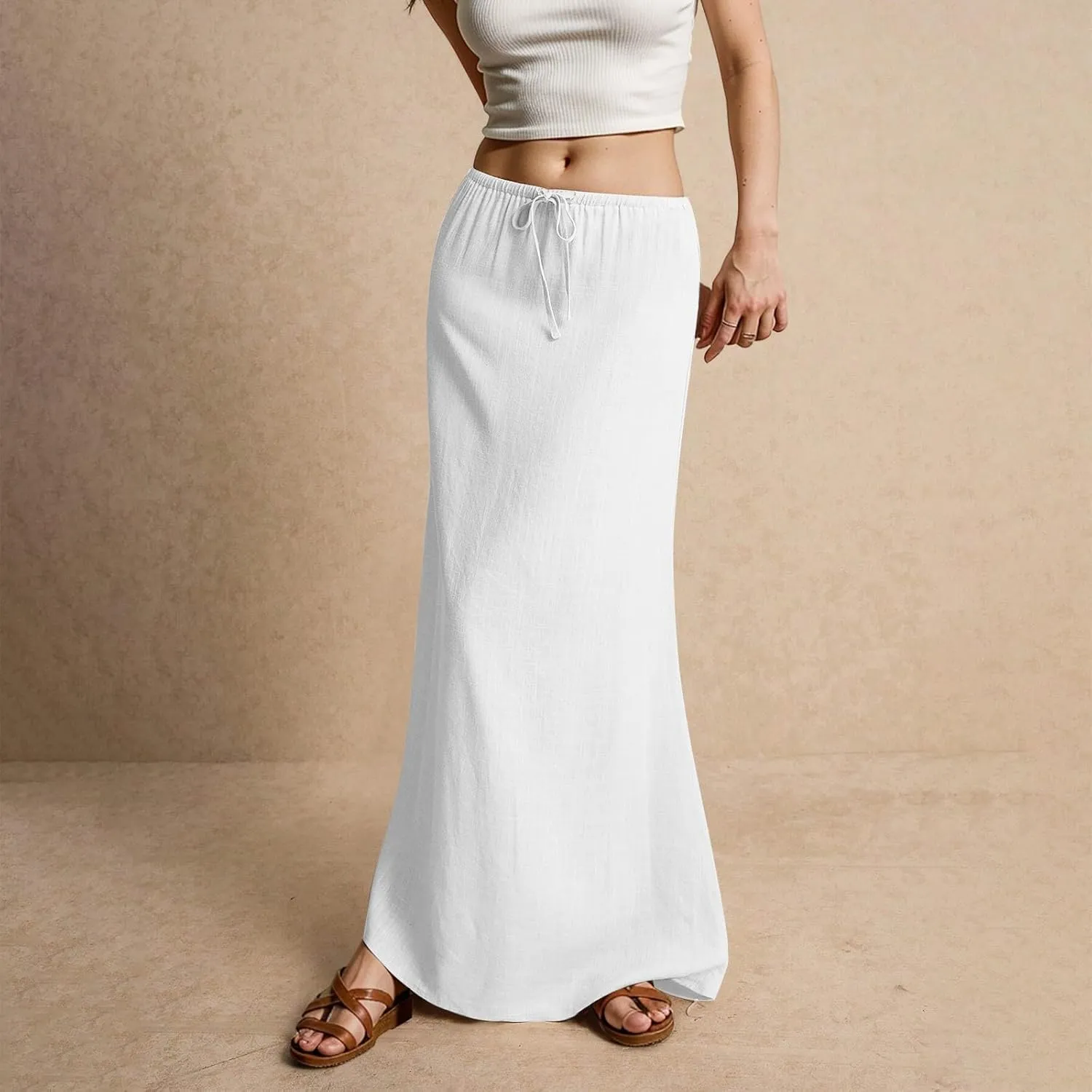 Womens Linen Maxi Skirt Drawstring Low Rise Long Skirts Solid Lightweight Summer Casual Cover Up Beach A Line Skirts