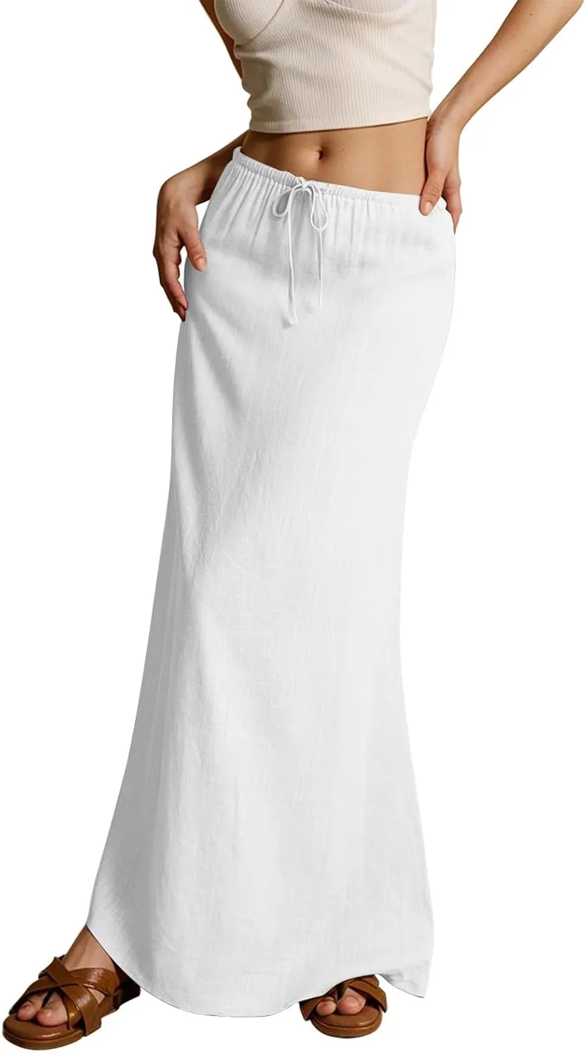 Womens Linen Maxi Skirt Drawstring Low Rise Long Skirts Solid Lightweight Summer Casual Cover Up Beach A Line Skirts