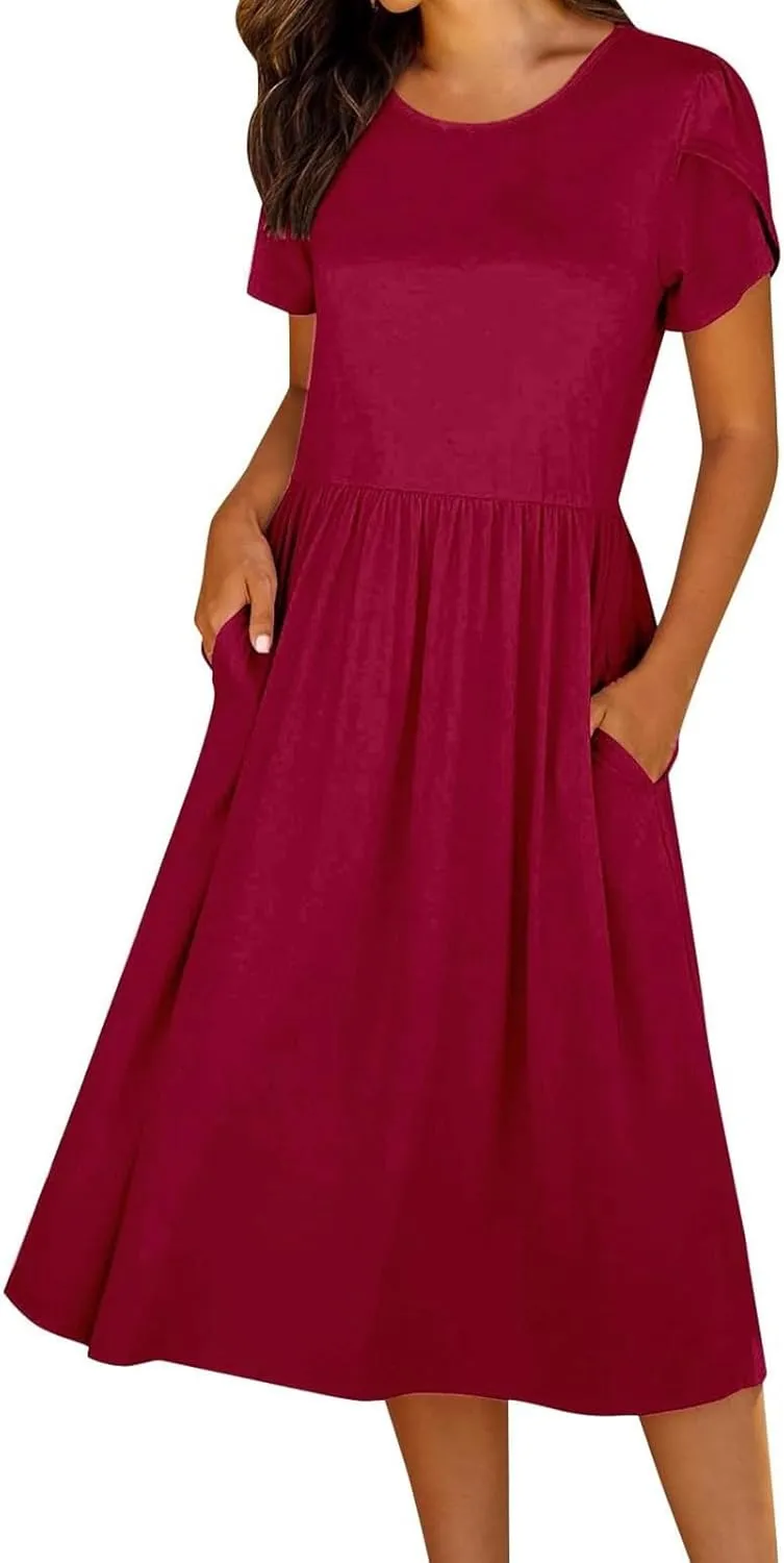 Womens Mini Dress Crewneck Short Sleeve T-Shirt Dresses Summer Casual Tunic Pleated Aline Swing Dress with Pockets