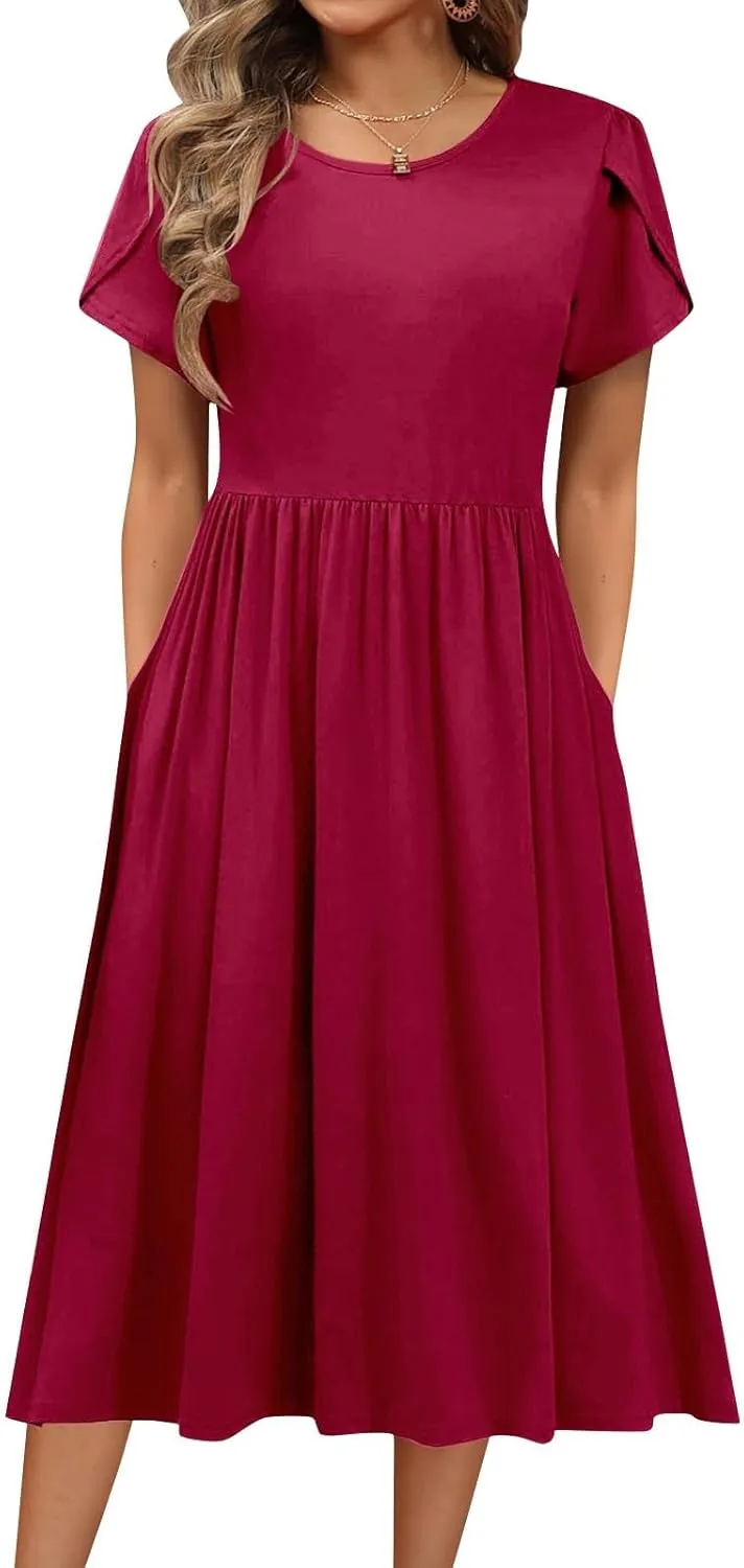 Womens Mini Dress Crewneck Short Sleeve T-Shirt Dresses Summer Casual Tunic Pleated Aline Swing Dress with Pockets