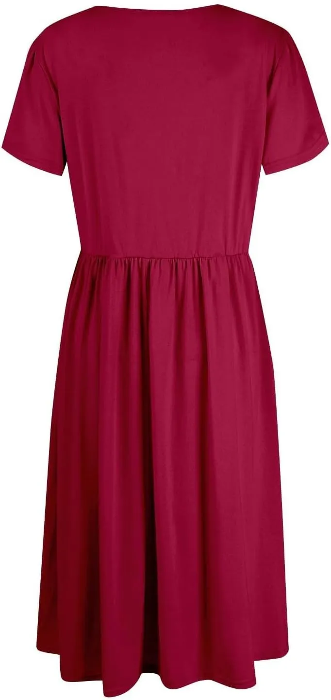 Womens Mini Dress Crewneck Short Sleeve T-Shirt Dresses Summer Casual Tunic Pleated Aline Swing Dress with Pockets