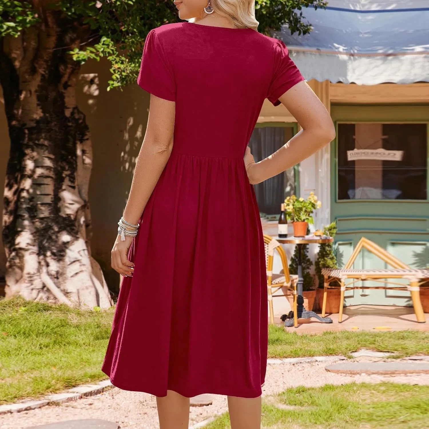 Womens Mini Dress Crewneck Short Sleeve T-Shirt Dresses Summer Casual Tunic Pleated Aline Swing Dress with Pockets