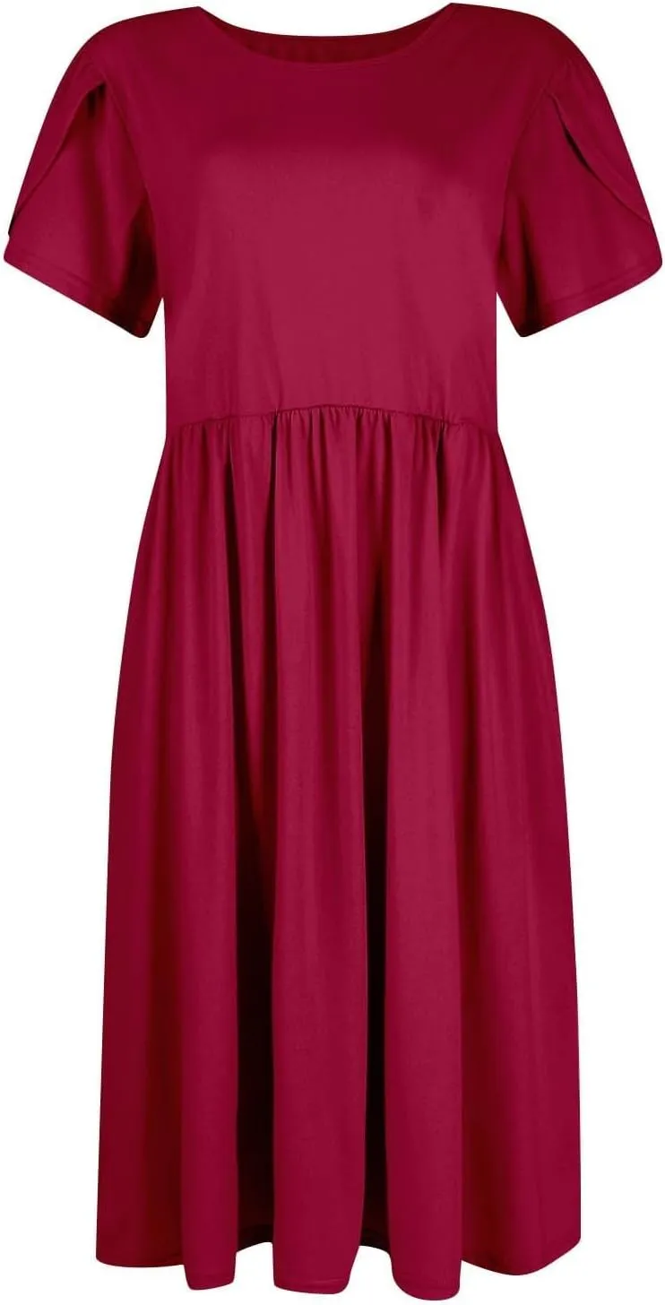Womens Mini Dress Crewneck Short Sleeve T-Shirt Dresses Summer Casual Tunic Pleated Aline Swing Dress with Pockets