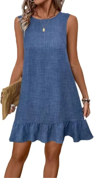 Womens Mini Dress Summer Sleeveless Ruffle Hem A Line Dresses Casual Loose Swing Vacation Beach Sundress