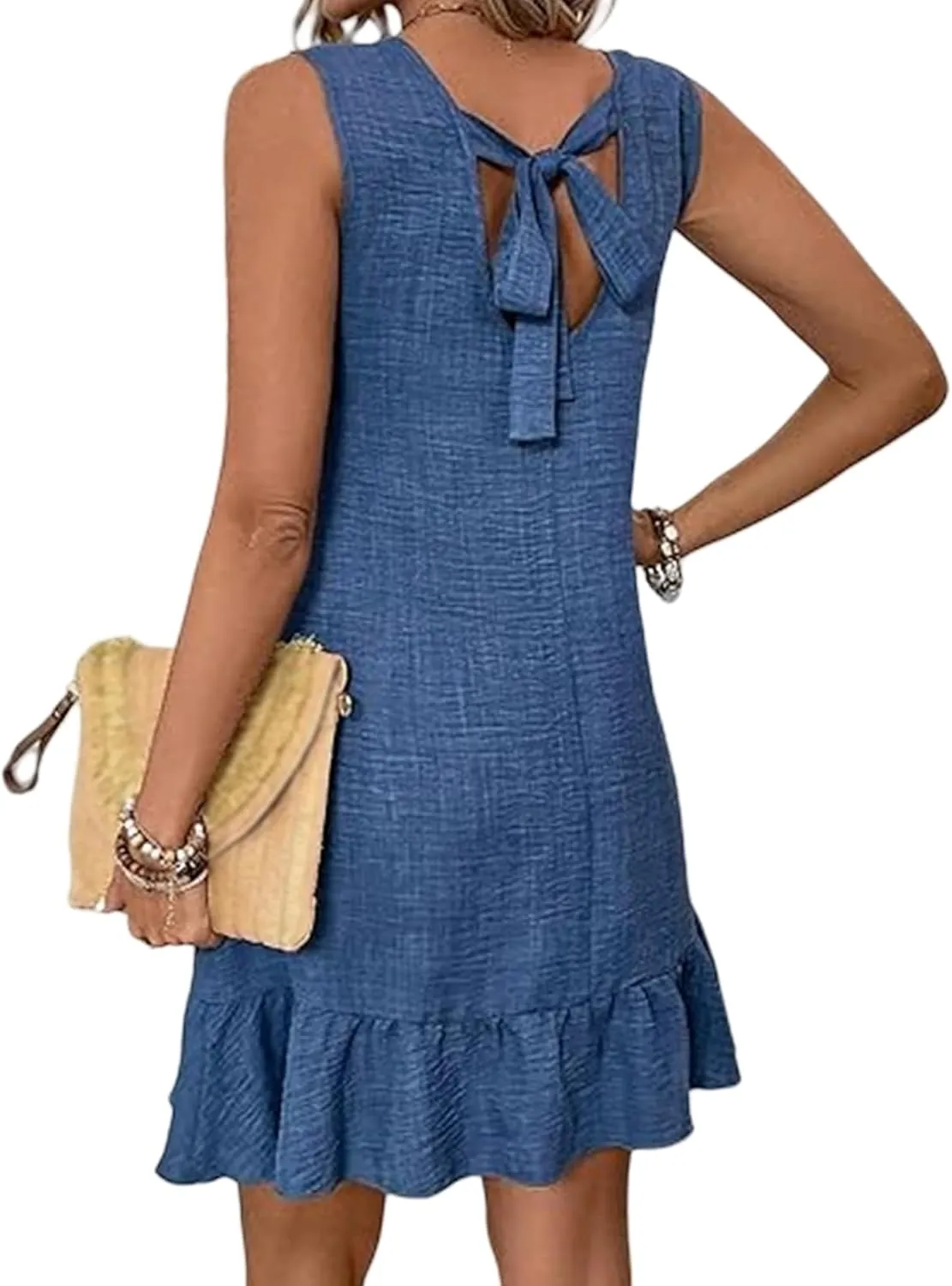 Womens Mini Dress Summer Sleeveless Ruffle Hem A Line Dresses Casual Loose Swing Vacation Beach Sundress