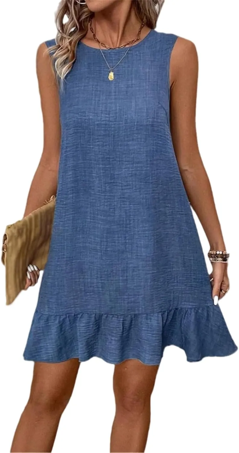 Womens Mini Dress Summer Sleeveless Ruffle Hem A Line Dresses Casual Loose Swing Vacation Beach Sundress