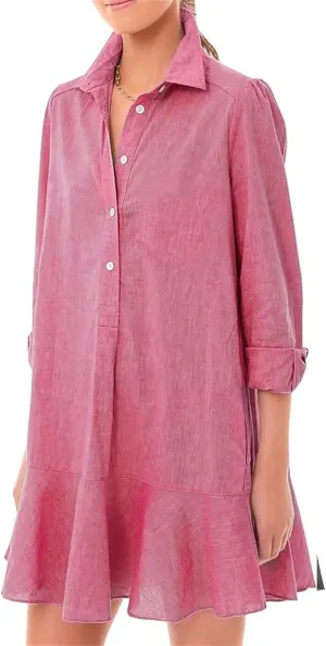 Women's Shirt Dress Lapel Long Sleeve Button Down Mini Dresses Solid Flowy Ruffle Hem Swing Summer Loose Dress