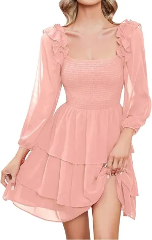 Women's Square Neck Puff Sleeve Dresses Smocked Casual A Line Fairy Dress Flowy Ruffle Hem Babydoll Mini Dress