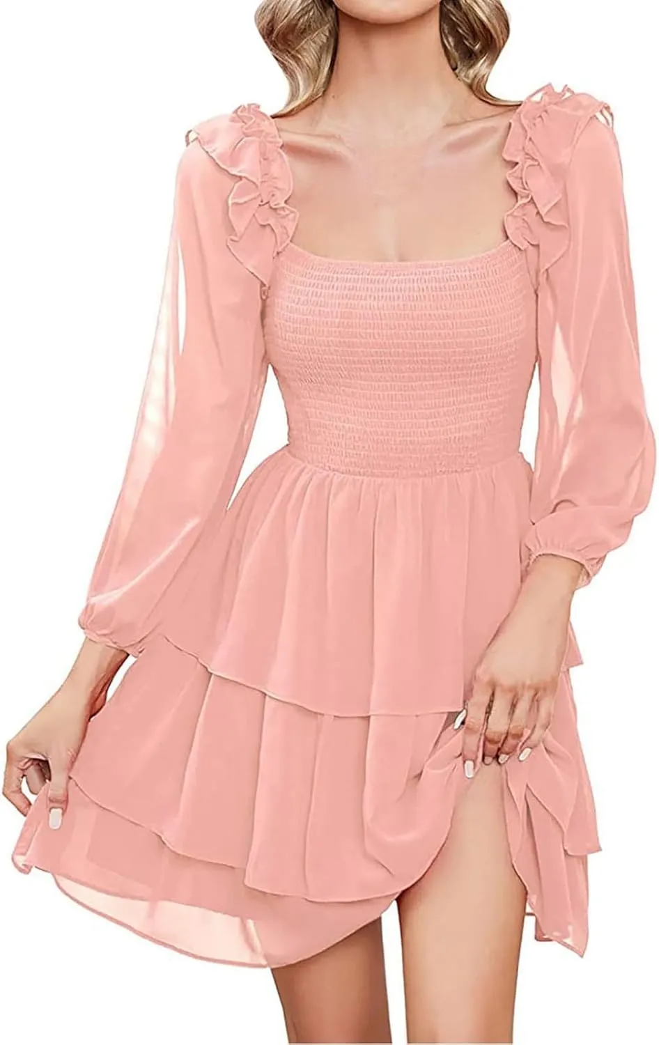 Women's Square Neck Puff Sleeve Dresses Smocked Casual A Line Fairy Dress Flowy Ruffle Hem Babydoll Mini Dress