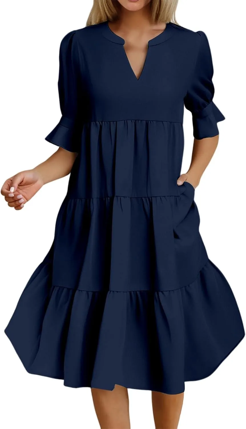 Womens Summer Dresses Casual Ruffle Short Sleeve V Neck Mini Dress Trendy Tiered Formal Dresses Loose Flowy Swing Dress