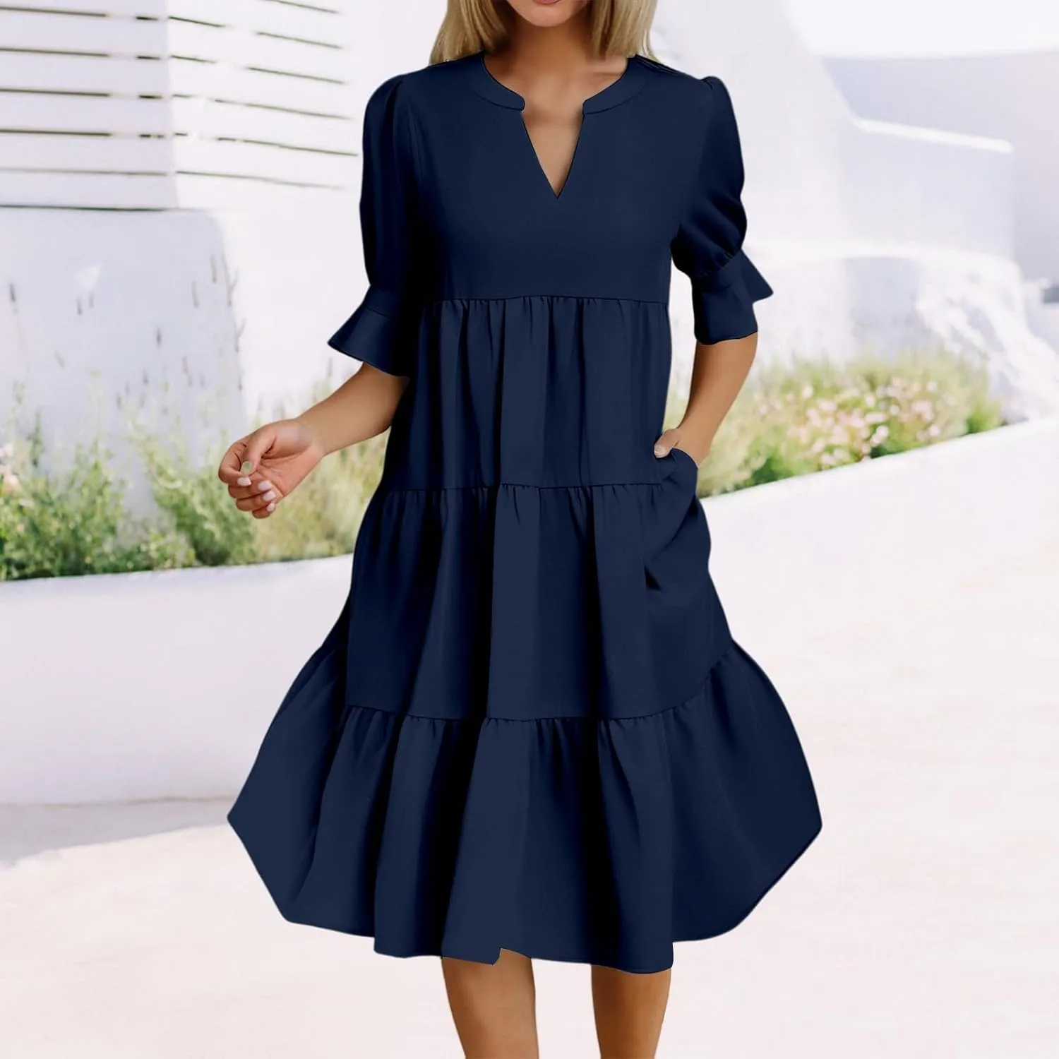 Womens Summer Dresses Casual Ruffle Short Sleeve V Neck Mini Dress Trendy Tiered Formal Dresses Loose Flowy Swing Dress
