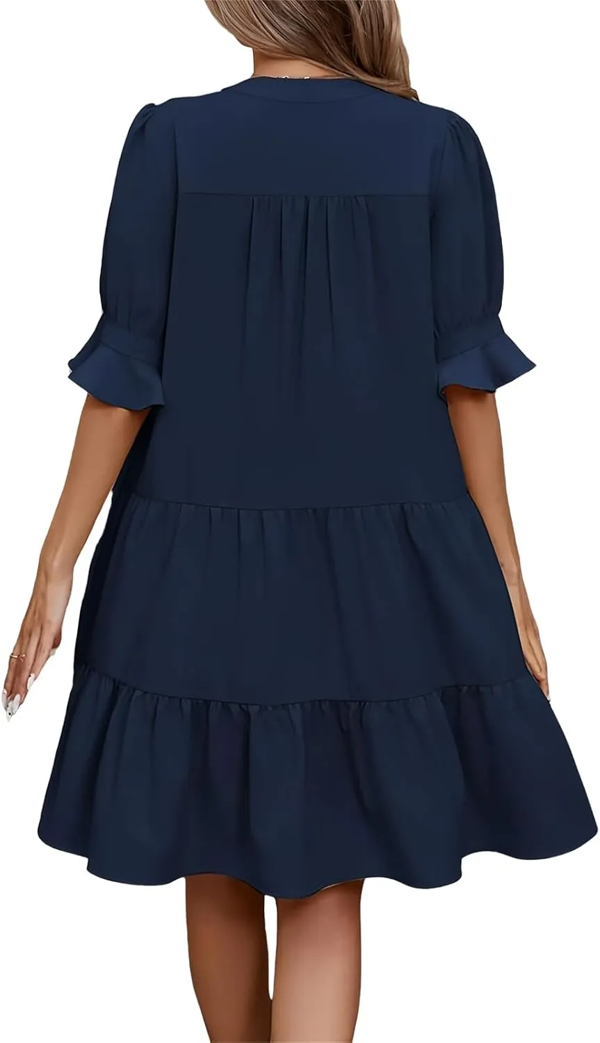 Womens Summer Dresses Casual Ruffle Short Sleeve V Neck Mini Dress Trendy Tiered Formal Dresses Loose Flowy Swing Dress