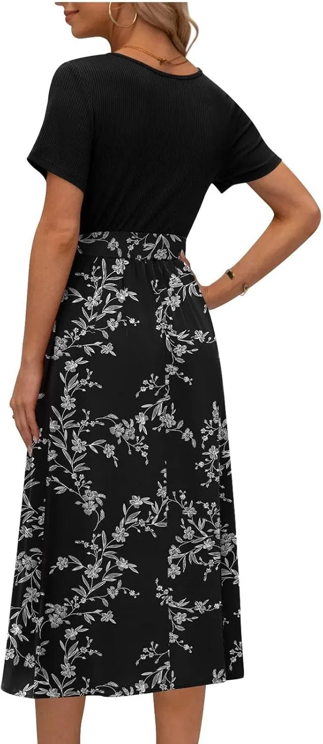 Women's Summer Midi Dress, Patchwork Belt Empire Waist Short Sleeve Crew Neck Boho Floral Beach Sundress