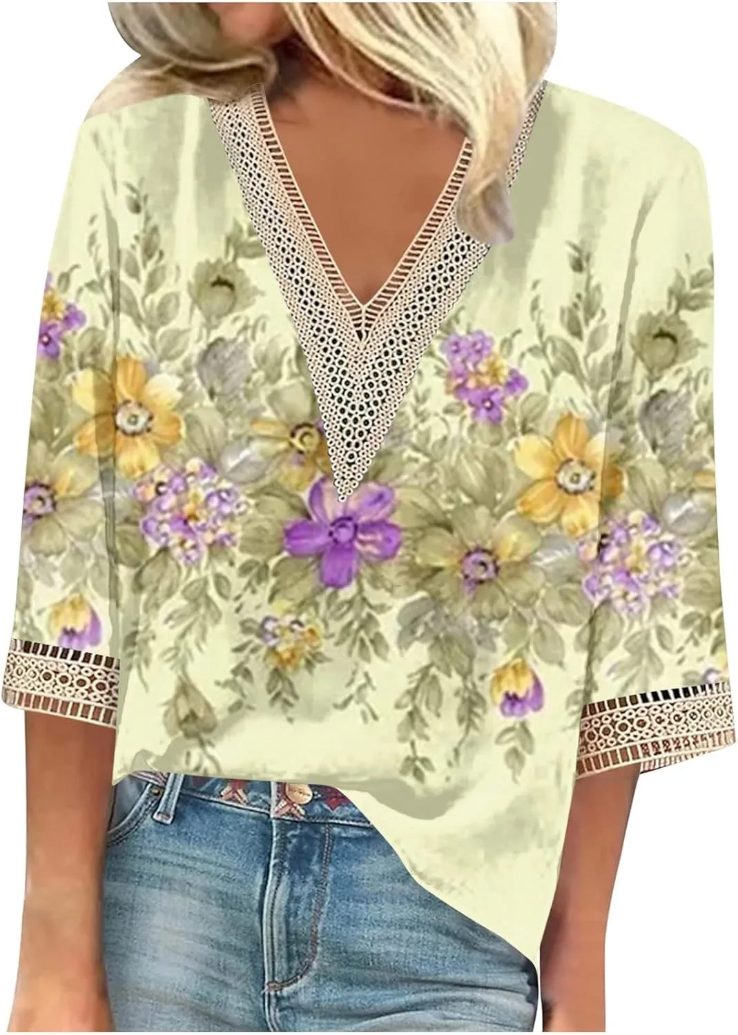 Womens Summer Tops 2023 Ethnic V Neck Fashion Lace Trim Tshirts Printed Comfy 3/4 Sleeve Slim Fit Shirts