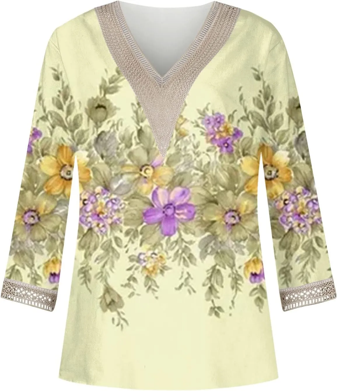 Womens Summer Tops 2023 Ethnic V Neck Fashion Lace Trim Tshirts Printed Comfy 3/4 Sleeve Slim Fit Shirts