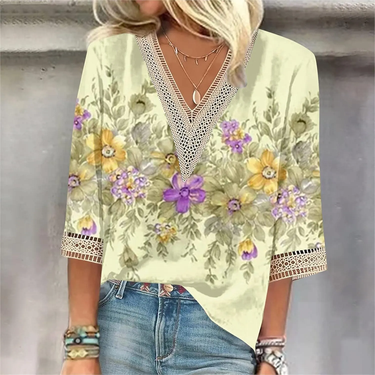 Womens Summer Tops 2023 Ethnic V Neck Fashion Lace Trim Tshirts Printed Comfy 3/4 Sleeve Slim Fit Shirts
