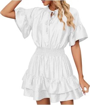 XUNRYAN Womens Classy Satin Dress Summer Casual Dresses Short Sleeve Lace Up V Neck Tiered Ruffle Mini Dress
