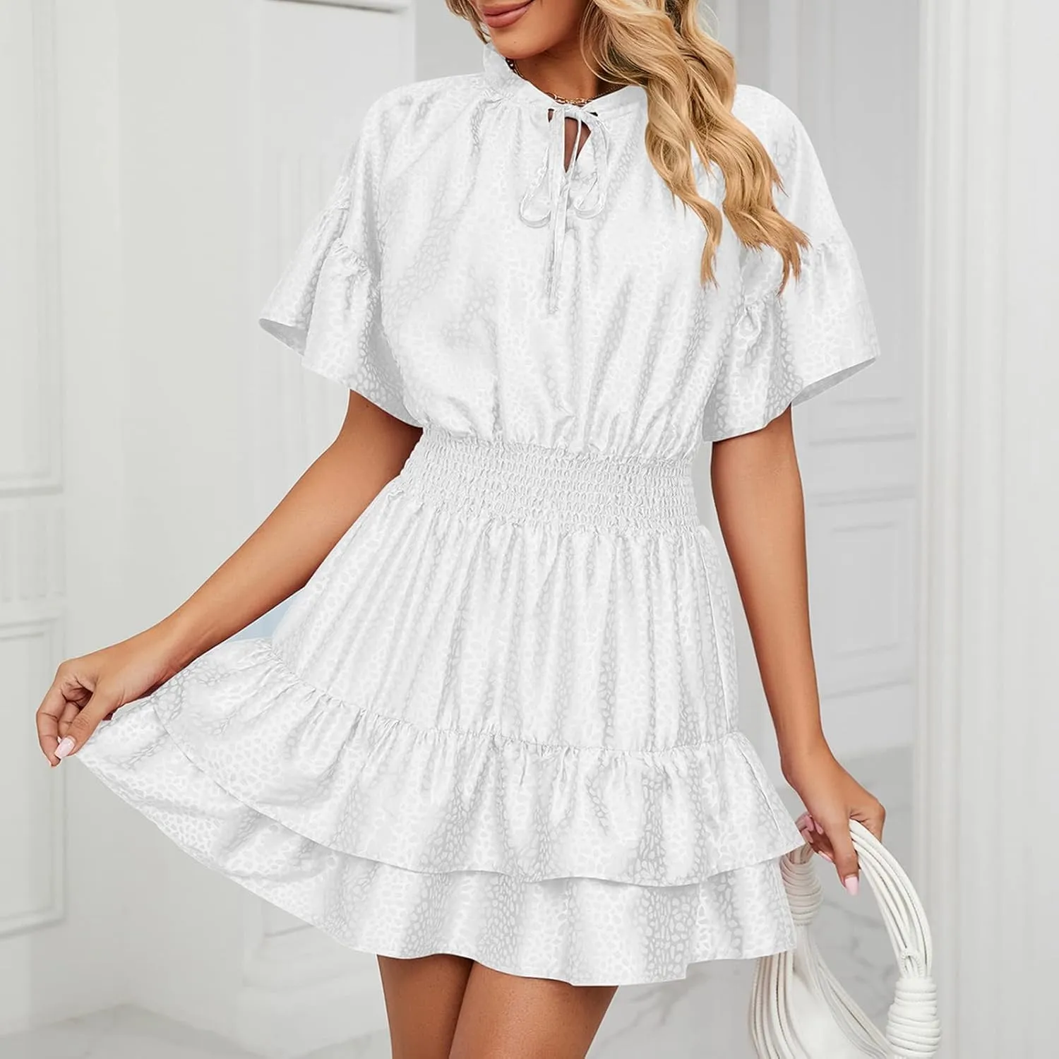 XUNRYAN Womens Classy Satin Dress Summer Casual Dresses Short Sleeve Lace Up V Neck Tiered Ruffle Mini Dress